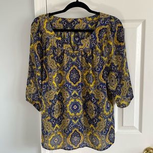 Ann Taylor Paisley Print Blouse Blue and Yellow Womens Size Small Petite